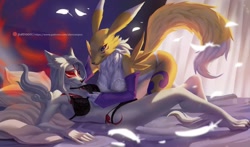 Size: 1280x753 | Tagged: suggestive, artist:alanscampos, amaterasu (okami), canine, fictional species, mammal, renamon, wolf, anthro, digitigrade anthro, capcom, digimon, okami, 2018, all fours, bed, bedroom, belly button, black nose, black sclera, bra, breasts, claws, clothes, colored sclera, crossover, crossover shipping, digital art, duo, duo female, ears, female, female/female, females only, fluff, fur, hair, indoors, lingerie, looking at each other, lying down, lying on bed, neck fluff, night, on bed, panties, pillow, rear view, shipping, tail, thighs, underwear, wide hips