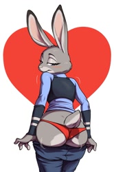 Size: 851x1280 | Tagged: suggestive, artist:8doubleu, artist:aitchdouble, judy hopps (zootopia), lagomorph, mammal, rabbit, anthro, disney, zootopia, 2021, abstract background, bedroom eyes, blushing, butt, clothes, dialogue, digital art, dipstick ears, ears, eyebrows, eyelashes, female, fur, gray body, gray fur, heart, long ears, looking at you, looking back, looking back at you, panties, pants, pants pulled down, pink nose, police uniform, pose, purple eyes, rear view, short tail, simple background, smiling, smiling at you, solo, solo female, tail, talking, text, underwear