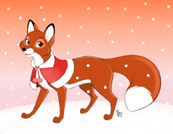 Size: 1618x1256 | Tagged: safe, artist:gerryaab, vixey (the fox and the hound), canine, fox, mammal, red fox, feral, disney, the fox and the hound, 2d, brown eyes, christmas, cute, dipstick tail, female, front view, fur, holiday, orange body, orange fur, snow, snowfall, solo, solo female, tail, three-quarter view, vixen, white belly