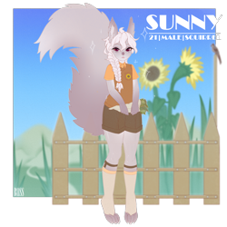 Size: 3000x3000 | Tagged: safe, artist:bismark, oc, oc only, mammal, rodent, squirrel, anthro, big tail, bottomwear, clothes, cute, femboy, flower, fluff, fur, hair, herbs, high res, male, outdoors, pastel, pigtails, shirt, shorts, socks, solo, solo male, sunflower, tail, text, topwear, watermark, white hair