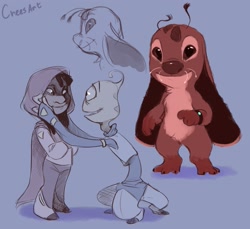 Size: 1929x1765 | Tagged: safe, artist:creesa, lilo pelekai (lilo & stitch), wendy pleakley (lilo & stitch), alien, experiment (lilo & stitch), fictional species, human, mammal, plorgonarian, disney, lilo & stitch, 2021, 3 fingers, 3 legs, 3 toes, alternate universe, antennae, bangs, blue background, brown body, brown eyes, brown fur, colored sketch, experimentified, fur, gloves (arm marking), long ears, looking at each other, no sclera, occipital marking, one eye, open mouth, open smile, simple background, sketch, smiling, socks (leg marking), species swap, standing, whiskers, wristband