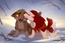 Size: 1200x801 | Tagged: safe, artist:oha, balto (balto), jenna (balto), canine, dog, husky, hybrid, mammal, wolf, wolfdog, feral, balto (series), 2d, cute, duo, female, licking, male, puppy, tongue, tongue out, young, younger