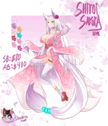 Size: 3000x3511 | Tagged: suggestive, artist:shiro_art, canine, fictional species, mammal, werewolf, wolf, adoptable, ancient, animated, auction, auction open, blossom, breasts, cherry blossoms, female, gif, goddess, hair, high res, mature, mature female, nudity, sakura, stockings, white hair
