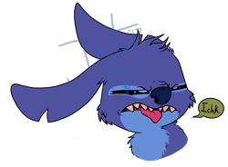 Size: 2039x1499 | Tagged: safe, artist:0jynxthejinx0, stitch (lilo & stitch), alien, experiment (lilo & stitch), fictional species, disney, lilo & stitch, 2020, 2d, black eyes, blue body, blue fur, blue nose, bust, cheek fluff, digital art, disgusted, ears, ears laid back, flat colors, fluff, fur, head fluff, male, obtrusive watermark, reaction image, simple background, solo, solo male, speech bubble, squinting, text, torn ear, transparent background, watermark