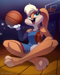 Size: 2000x2500 | Tagged: safe, artist:vesmirart, lola bunny (looney tunes), lagomorph, mammal, rabbit, anthro, looney tunes, space jam, space jam: a new legacy, warner brothers, ball, basketball, female, front view, fur, green eyes, hair, high res, open mouth, orange body, orange fur, solo, solo female, three-quarter view, yellow hair
