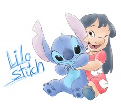 Size: 1600x1400 | Tagged: safe, artist:harara, lilo pelekai (lilo & stitch), stitch (lilo & stitch), alien, experiment (lilo & stitch), fictional species, human, mammal, disney, lilo & stitch, 2017, 2d, 4 fingers, 4 toes, 5 toes, black eyes, black hair, blue body, blue claws, blue fur, blue nose, blue paw pads, brown eyes, chest fluff, child, claws, clothes, ears, female, fluff, fur, hair, head fluff, hug, hugging from behind, long hair, male, muumuu, on model, one eye closed, open mouth, open smile, simple background, smiling, torn ear, white background, winking, young