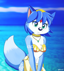 Size: 2500x2800 | Tagged: safe, artist:rex100, krystal (star fox), canine, fox, mammal, anthro, nintendo, star fox, 2021, belly button, black nose, blurred background, bra, breasts, chest fluff, clothes, collar, cute, digital art, ears, eyelashes, featured image, female, fluff, fur, gem, hair, headband, high res, jewelry, loincloth, looking at you, necklace, ocean, outdoors, sky, smiling, smiling at you, solo, solo female, tail, thighs, tribal markings, underwear, vixen, water, wide hips