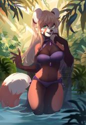 Size: 1100x1600 | Tagged: safe, artist:rexisminimalis, mammal, red panda, anthro, 2021, adorasexy, big breasts, bikini, blonde hair, breasts, brown body, brown fur, brown nose, cleavage, clothes, cute, cute little fangs, ear fluff, eyebrows, eyelashes, fangs, female, fluff, freckles, fur, green eyes, hair, long hair, looking at you, multicolored fur, nature, orange body, orange fur, sexy, smiling, solo, solo female, swimsuit, tail, tail fluff, teeth, thighs, water, wet, ych