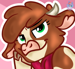 Size: 1112x1024 | Tagged: safe, artist:rainbow eevee, arizona cow (tfh), bovid, cattle, cow, mammal, feral, them's fightin' herds, 2d, cute, female, green eyes, looking at you, solo, solo female, ungulate