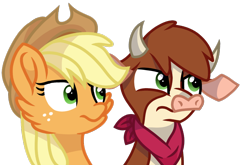 Size: 1224x807 | Tagged: safe, artist:rainbow eevee, applejack (mlp), arizona cow (tfh), bovid, cattle, cow, earth pony, equine, fictional species, mammal, pony, feral, friendship is magic, hasbro, my little pony, them's fightin' herds, 2d, bust, crossover, duo, duo female, female, females only, green eyes, simple background, transparent background, unamused, ungulate