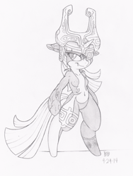 Size: 452x600 | Tagged: dead source, safe, artist:dfectivedvice, midna (zelda), twilight sparkle (mlp), equine, fictional species, mammal, pony, twili, unicorn, anthro, friendship is magic, hasbro, my little pony, nintendo, the legend of zelda, the legend of zelda: twilight princess, anthrofied, cosplay, crossover, female, monochrome, namesake, pun, solo, solo female