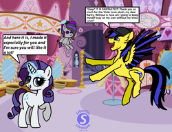 Size: 2000x1536 | Tagged: safe, artist:mrstheartist, rarity (mlp), oc, oc:ponyseb 2.0, oc:viola love, equine, fictional species, mammal, pegasus, pony, unicorn, feral, friendship is magic, hasbro, my little pony, base used, bedroom eyes, black outline, carousel boutique, colored wingtips, excited, female, levitation, magic, male, male/female, speech bubble, stallion, wings