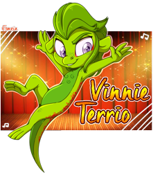 Size: 641x726 | Tagged: safe, artist:esmeia, vinnie terrio (lps), gecko, lizard, reptile, semi-anthro, hasbro, littlest pet shop, littlest pet shop (2012), green body, green hair, hair, looking at you, male, partially transparent background, purple eyes, solo, solo male, transparent background