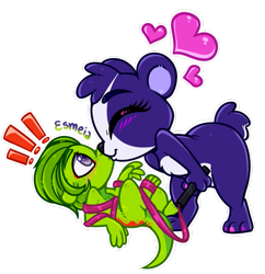 Size: 563x582 | Tagged: safe, artist:esmeia, penny ling (lps), vinnie terrio (lps), bear, gecko, lizard, mammal, panda, reptile, semi-anthro, hasbro, littlest pet shop, littlest pet shop (2012), duo, eyes closed, female, kissing, male, male/female, shipping, simple background, transparent background