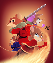 Size: 2255x2660 | Tagged: safe, artist:brisbybraveheart, mrs. brisby (the secret of nimh), teresa brisby (the secret of nimh), mammal, mouse, rodent, anthro, semi-anthro, pbs, redwall, sullivan bluth studios, the secret of nimh, 2d, crossover, female, field mouse, group, high res, male, murine, sword, warriors of thorn valley, weapon
