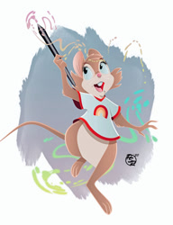 Size: 1024x1335 | Tagged: safe, artist:brisbybraveheart, mrs. brisby (the secret of nimh), mammal, mouse, rodent, semi-anthro, sullivan bluth studios, the secret of nimh, 2d, anniversary, blue eyes, bottomless, clothes, female, field mouse, front view, murine, partial nudity, shirt, solo, solo female, topwear