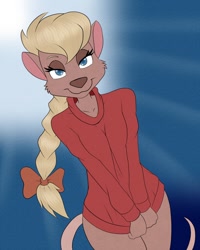 Size: 1024x1280 | Tagged: safe, artist:joykill, mammal, mouse, rodent, anthro, sullivan bluth studios, the secret of nimh, bedroom eyes, blue eyes, female, front view, hair, jenny mcbride (the secret of nimh), looking at you, solo, solo female, yellow hair
