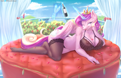 Size: 3059x1970 | Tagged: suggestive, artist:viejillox, princess cadence (mlp), alicorn, equine, fictional species, mammal, pony, anthro, plantigrade anthro, art pack:milf festival, friendship is magic, hasbro, my little pony, alcohol, anthrofied, bedroom eyes, big breasts, bottle, bra, breasts, champagne glass, cheek fluff, clothes, crown, curtains, draw me like one of your french girls, ear fluff, eyebrows, eyelashes, feathered wings, feathers, female, flower, fluff, fur, hair, high res, jewelry, legwear, levitation, lingerie, lipstick, long hair, looking at you, lying down, magic, makeup, mature, mature female, one eye closed, panties, pink body, pink fur, pink hair, pink tail, purple eyes, purple hair, purple tail, regalia, rose, rose petals, shoulder fluff, solo, solo female, stocking feet, stockings, tail, telekinesis, thigh highs, underwear, wine, wine bottle, wings, winking, yellow hair, yellow tail