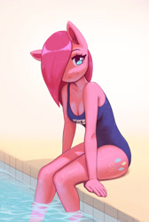 Size: 1600x2383 | Tagged: safe, artist:mrscroup, pinkamena diane pie (mlp), pinkie pie (mlp), earth pony, equine, fictional species, mammal, pony, anthro, friendship is magic, hasbro, my little pony, 2021, adorasexy, anthrofied, blue eyes, breasts, cleavage, clothes, cute, cutie mark, eyebrows, eyelashes, feet in water, female, fur, hair, hair over one eye, long hair, looking at you, no tail, one-piece swimsuit, pink body, pink fur, pink hair, school swimsuit, sexy, sitting, solo, solo female, sukumizu, swimming pool, swimsuit, water, wet, wet hair