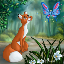 Size: 2449x2449 | Tagged: safe, artist:fernl, vixey (the fox and the hound), arthropod, butterfly, canine, fox, insect, mammal, red fox, feral, disney, the fox and the hound, 2d, ambiguous gender, duo, female, fur, high res, orange body, orange fur, vixen, white belly