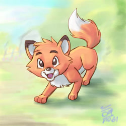 Size: 400x400 | Tagged: safe, artist:aun61, tod (the fox and the hound), canine, fox, mammal, red fox, disney, the fox and the hound, 2d, cub, cute, dipstick tail, front view, fur, looking at you, low res, male, open mouth, orange body, orange fur, solo, solo male, tail, three-quarter view, white belly, young