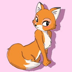 Size: 400x400 | Tagged: safe, artist:rioca09, vixey (the fox and the hound), canine, fox, mammal, red fox, feral, disney, the fox and the hound, 2d, cute, dipstick tail, female, fur, looking at you, low res, orange body, orange fur, pink background, simple background, solo, solo female, tail, vixen, white belly