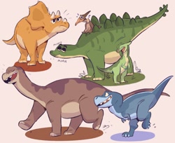 Size: 2048x1672 | Tagged: safe, artist:neatodon, cera (the land before time), chomper (the land before time), ducky (the land before time), littlefoot (the land before time), petrie (the land before time), spike (the land before time), apatosaurus, ceratops, dinosaur, duck-billed dinosaur, pteranodon, pterosaur, reptile, saurolophus, sauropod, stegosaurus, theropod, triceratops, tyrannosaurus rex, feral, sullivan bluth studios, the land before time, blue body, brown body, female, green body, group, male, older, yellow body