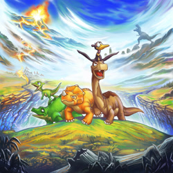 Size: 2449x2449 | Tagged: safe, artist:sovanjedi, cera (the land before time), ducky (the land before time), littlefoot (the land before time), petrie (the land before time), spike (the land before time), apatosaurus, ceratops, dinosaur, duck-billed dinosaur, pteranodon, pterosaur, reptile, saurolophus, sauropod, stegosaurus, triceratops, feral, sullivan bluth studios, the land before time, universal pictures, brown body, female, green body, group, high res, male, scenery, yellow body, young