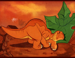Size: 900x705 | Tagged: safe, artist:unibat, littlefoot (the land before time), apatosaurus, dinosaur, sauropod, feral, sullivan bluth studios, the land before time, brown body, cream belly, leaf, letterboxing, male, solo, solo male, young