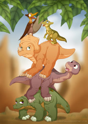 Size: 2059x2912 | Tagged: safe, artist:littlehybridshila, cera (the land before time), ducky (the land before time), littlefoot (the land before time), petrie (the land before time), spike (the land before time), apatosaurus, ceratops, dinosaur, duck-billed dinosaur, pteranodon, pterosaur, reptile, saurolophus, sauropod, stegosaurus, triceratops, feral, sullivan bluth studios, the land before time, 2d, annoyed, brown body, female, green body, group, high res, leaf, male, yellow belly, yellow body, young