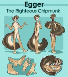 Size: 1127x1280 | Tagged: safe, artist:zummeng, oc, oc only, oc:egger, chipmunk, mammal, rodent, anthro, plantigrade anthro, 2020, abstract background, belly button, big tail, brown body, brown fur, brown hair, character name, chibi, cream body, cream fur, featureless crotch, feet, front view, fur, green eyes, hair, holding, human feet, male, open mouth, open smile, rear view, reference sheet, side view, signature, smiling, solo, solo male, standing, striped fur, tail, tail hold, tan body, tan fur