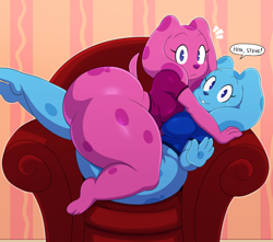 Size: 2282x2018 | Tagged: suggestive, artist:ss2sonic, blue (blue's clues), magenta (blue's clues), canine, dog, mammal, anthro, blue's clues, nickelodeon, anthrofied, blue body, blue fur, bluegenta (blue's clues), dialogue, duo, duo female, female, female/female, females only, fur, high res, implied steve (blue's clues), lesbian in front of boys, magenta body, magenta fur, male pov, offscreen character, pov, shipping, talking