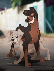 Size: 615x820 | Tagged: safe, artist:azzai, buster (lady and the tramp), scamp (lady and the tramp), canine, dog, mammal, disney, lady and the tramp, 2021, black body, black fur, blurred background, brown body, brown fur, digital art, duo, duo male, floppy ears, fluff, fur, gray body, gray fur, gritted teeth, head fluff, male, males only, outdoors, paws, short tail, size difference, standing, tail, teeth