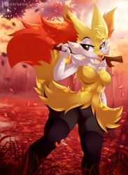Size: 2000x2728 | Tagged: safe, artist:amanddica, braixen, fictional species, mammal, anthro, nintendo, pokémon, 2020, black body, black fur, blep, breasts, brown eyes, chest fluff, cleavage fluff, ear fluff, eyebrows, eyelashes, featureless breasts, featureless crotch, female, fluff, fur, grass, high res, looking at you, multicolored fur, nature, shoulder fluff, smiling, smiling at you, solo, solo female, starter pokémon, tail, tail fluff, tongue, tongue out, white body, white fur, yellow body, yellow fur