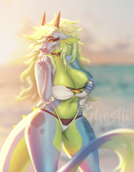 Size: 950x1215 | Tagged: suggestive, artist:ghostli, oc, oc only, oc:campfire (cocaindog), dragon, fictional species, furred dragon, anthro, 2021, adorasexy, bikini, blue body, blue scales, breasts, cleavage, clothes, cute, cute little fangs, dragoness, ear fluff, ears, eyebrows, eyelashes, fangs, female, fluff, green body, green eyes, green hair, grope, hair, horns, huge breasts, jewelry, long hair, necklace, ocean, scales, sexy, solo, solo female, sun, sunlight, sunset, swimsuit, tail, tail fluff, teeth, thick thighs, thighs, tongue, two toned body, water