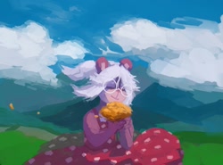 Size: 1339x990 | Tagged: safe, artist:shortwingus, oc, oc:valerie, mammal, rodent, squirrel, anthro, bouquet, clothes, cloud, dress, female, fur, glasses, hair, mountain, mountain range, outdoors, round glasses, solo, solo female, tail, white hair, wind, windswept hair