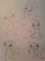 Size: 2743x3749 | Tagged: safe, artist:greenkat, angel (lilo & stitch), bonnie (lilo & stitch), reuben (lilo & stitch), sparky (lilo & stitch), stitch (lilo & stitch), alien, experiment (lilo & stitch), fictional species, disney, lilo & stitch, 2021, 3 toes, 4 fingers, 4 toes, antennae, arm marking, back marking, body markings, character name, chest fluff, claws, dipstick tail, eating, english text, eyelashes, fluff, food, forked antennae, group, head fluff, high res, ice cream, ice cream cone, leg marking, long antennae, looking at you, rear view, sandwich, short tail, sketch, sketch page, smiling, smiling at you, tail, tongue, tongue out, traditional art
