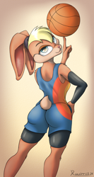 Size: 1700x3200 | Tagged: safe, artist:ravirr94, lola bunny (looney tunes), lagomorph, mammal, rabbit, anthro, looney tunes, space jam, space jam: a new legacy, warner brothers, 2021, ball, basketball, blonde hair, blue eyes, brown body, brown fur, butt, clothes, eyebrows, eyelashes, female, fluff, fur, hair, hand on hip, leg fluff, long ears, looking at you, looking back, looking back at you, short tail, shoulder fluff, solo, solo female, tail