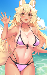 Size: 2260x3626 | Tagged: safe, artist:hλl, animal humanoid, canine, fictional species, fox, mammal, humanoid, 2020, beach, belly button, big breasts, bikini, blonde hair, blushing, breasts, clothes, ear fluff, eyebrow through hair, eyebrows, eyelashes, female, fluff, glistening, glistening body, glistening hair, hair, high res, long hair, looking at you, ocean, open mouth, outdoors, seaside, skin, solo, solo female, swimsuit, tan lines, tan skin, vixen, water, waving, yellow eyes
