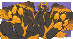 Size: 1280x697 | Tagged: safe, artist:yookie, oc, oc only, oc:warmheart, dragon, fictional species, furred dragon, anthro, digitigrade anthro, 2021, black body, black feathers, black fur, chest fluff, claws, fangs, feathered wings, feathers, featureless crotch, fluff, foot focus, four ears, fur, grin, horns, looking at you, male, paw fluff, paw focus, paw pads, paws, pubic fluff, sharp teeth, solo, solo male, spread legs, spread wings, tail, teeth, underpaw, wings, yellow body, yellow eyes, yellow feathers, yellow fur