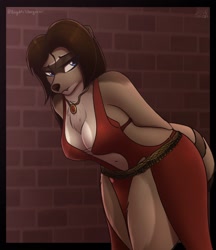 Size: 1836x2121 | Tagged: safe, artist:stargazer, oc, oc only, oc:lumina sinclair, mammal, procyonid, raccoon, anthro, 2021, adorasexy, belly button, big breasts, blue eyes, bondage, breasts, brown body, brown fur, brown hair, brown nose, cleavage, cleavage fluff, clothes, cream body, cream fur, cute, cute little fangs, dress, ears, eyebrows, eyelashes, fangs, female, fluff, fur, hair, jewelry, mask (facial marking), multicolored fur, necklace, sexy, side slit, solo, solo female, tail, teeth, tied up