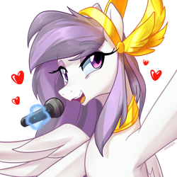 Size: 2000x2000 | Tagged: safe, artist:maren, athena (guardians of pondonia), equine, fictional species, mammal, pegasus, pony, feral, guardians of pondonia, 2021, feathered wings, feathers, female, fur, hair, happy, high res, mare, purple hair, signature, smiling, solo, solo female, telekinesis, white body, white fur, wings