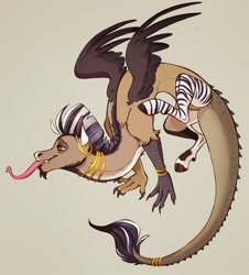 Size: 976x1080 | Tagged: safe, artist:1an1, crocodilian, draconequus, dragon, equine, fictional species, hybrid, mammal, reptile, zebra, feral, semi-anthro, friendship is magic, hasbro, my little pony, 2018, beard, brown body, brown fur, claws, cloven hooves, dewclaw, ear piercing, earring, floating, flying, fur, goatee, green eyes, hair, hands, hooves, jewelry, male, mane, mythology, nose piercing, nose ring, piercing, rings, scales, simple background, solo, solo male, stripes, tail, tail jewelry, tail ring, teeth, tongue, tongue out, wings, wings open