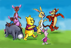 Size: 1003x683 | Tagged: safe, artist:zdrer456, eeyore (winnie-the-pooh), kanga (winnie-the-pooh), piglet (winnie-the-pooh), rabbit (winnie-the-pooh), roo (winnie-the-pooh), tigger (winnie-the-pooh), winnie-the-pooh (winnie-the-pooh), animate object, bear, big cat, donkey, equine, feline, fictional species, kangaroo, lagomorph, living plushie, mammal, marsupial, pig, rabbit, suid, tiger, feral, semi-anthro, disney, winnie-the-pooh, 2d, female, group, macropod, male, on model, plushie