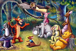 Size: 2000x1340 | Tagged: safe, artist:zdrer456, eeyore (winnie-the-pooh), gopher (winnie-the-pooh), kanga (winnie-the-pooh), owl (winnie-the-pooh), piglet (winnie-the-pooh), rabbit (winnie-the-pooh), roo (winnie-the-pooh), tigger (winnie-the-pooh), winnie-the-pooh (winnie-the-pooh), animate object, bear, big cat, bird, bird of prey, donkey, equine, feline, fictional species, gopher, kangaroo, lagomorph, living plushie, mammal, marsupial, owl, pig, rabbit, rodent, suid, tiger, feral, semi-anthro, disney, winnie-the-pooh, female, group, macropod, male, on model, plushie