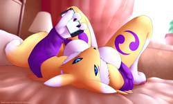 Size: 1600x960 | Tagged: safe, artist:krazykurt, fictional species, renamon, anthro, digimon, nintendo, pokémon, pokémon go, 2016, absolute cleavage, armwear, bed, bedroom, big breasts, black nose, black sclera, blue eyes, body markings, breasts, cell phone, chest fluff, claws, cleavage, colored sclera, ears, facial markings, featureless breasts, female, fluff, fur, indoors, lamp, looking at you, lying down, lying on bed, multicolored fur, on bed, paws, phone, pillow, smartphone, solo, solo female, tail, tail fluff, thighs, two toned body, two toned fur, white body, white fur, yellow body, yellow fur