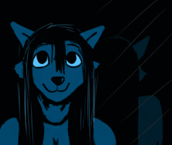 Size: 560x473 | Tagged: safe, artist:stedilnik, canine, dog, fictional species, ghost, mammal, undead, anthro, adoracreepy, animated, black sclera, blep, breasts, cleavage, colored sclera, ears, eyebrows, eyes closed, female, fur, gif, glass, glowing, glowing eyes, hair, long hair, looking at you, looking back, looking back at you, mlem, reflection, smiling, smiling at you, solo, solo female, tongue, tongue out
