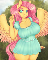 Size: 1437x1800 | Tagged: safe, artist:cheezayballz, fluttershy (mlp), equine, fictional species, mammal, pegasus, pony, anthro, friendship is magic, hasbro, my little pony, adorasexy, anthrofied, big breasts, blouse, breasts, clothes, cute, ear fluff, eyebrows, eyelashes, feathered wings, feathers, female, fluff, fur, gesture, hair, huge breasts, long hair, looking at you, mare, peace sign, pink hair, pink tail, sexy, solo, solo female, tail, teal eyes, wings, yellow body, yellow fur