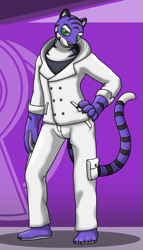 Size: 465x814 | Tagged: safe, artist:proceleon, oc, oc only, oc:pierce baggar, big cat, feline, mammal, tiger, anthro, 2017, bengal tiger, cargo pants, claws, clothes, ear fluff, fluff, fur, green eyes, hand on hip, looking at you, male, paws, pea coat, purple background, purple body, purple fur, shirt, simple background, solo, solo male, striped fur, stripes, tail, three-quarter view, topwear, undershirt