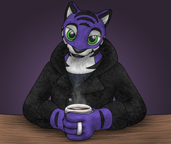 Size: 850x718 | Tagged: safe, artist:proceleon, oc, oc only, oc:pierce baggar, big cat, feline, mammal, tiger, anthro, 2016, bengal tiger, claws, clothes, cocoa, drink, front view, fur, green eyes, looking at you, male, paws, pea coat, purple background, purple body, purple fur, shirt, simple background, solo, solo male, striped fur, stripes, table, tail, topwear, undershirt